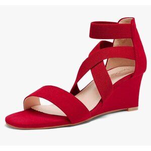 DREAM PAIRS Women's Elastic Ankle Strap Low Wedge Sandals Open Toe Size 9.5 Red
